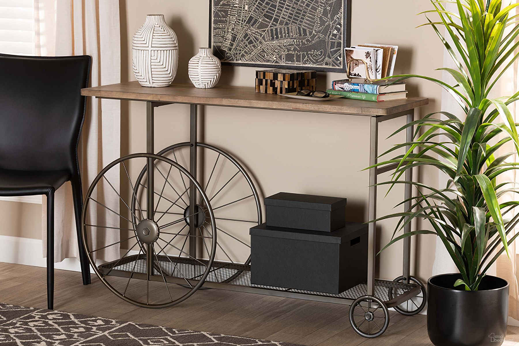 The appearance of Terence Vintage Rustic Industrial Natural Wood and Black Finished Metal Wheeled Console Table designed by Baxton Studio in the rustic / southwestern interior design. This natural piece of furniture was selected by 1StopBedrooms from Terence Collection to add a touch of cosiness and style into your home. Sku: JY20A074-Natural/Black-Console. Material: MDF.