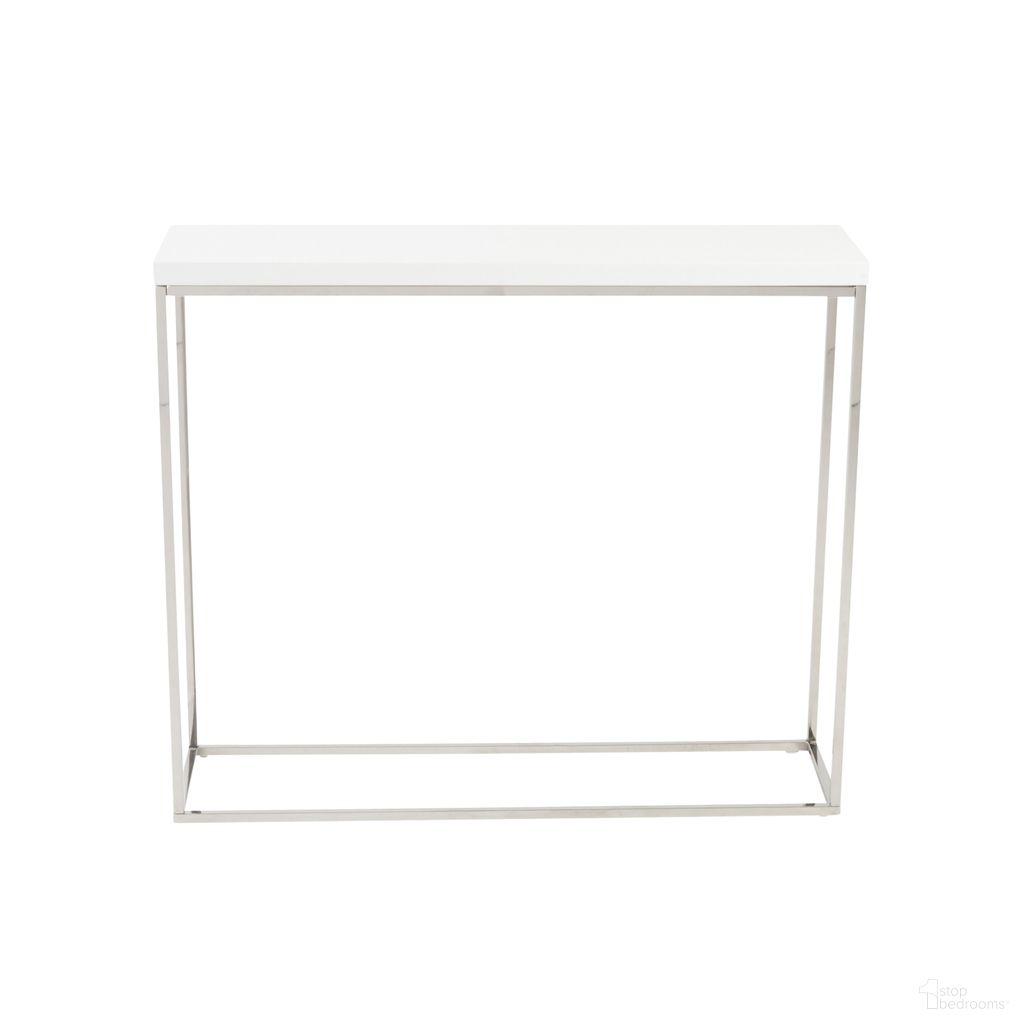 Teresa 36 Inch Console Table In High Gloss White and Polished Stainless Steel