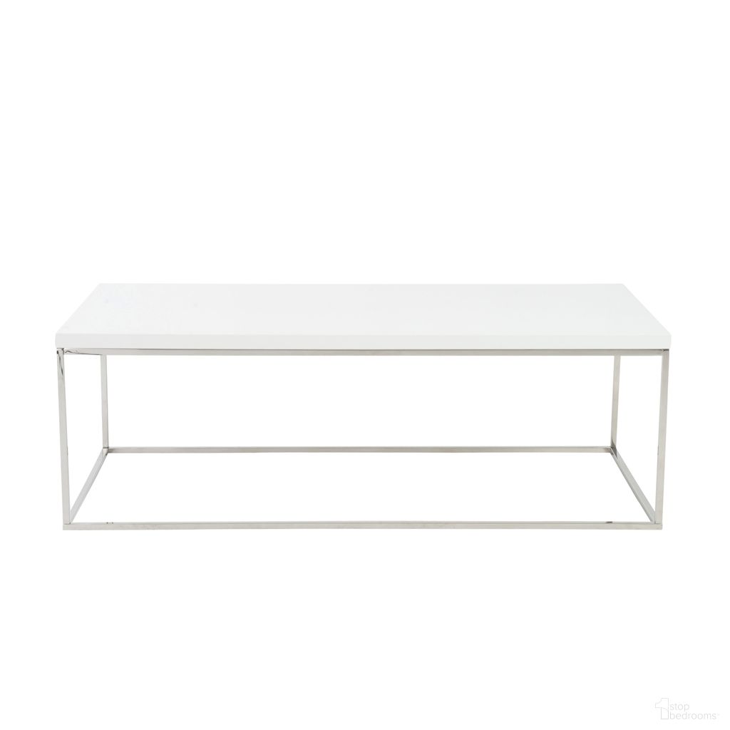 The appearance of Teresa Rectangular Coffee Table In White and Polished Stainless Steel designed by Euro Style in the modern / contemporary interior design. This white/polished stainless steel piece of furniture was selected by 1StopBedrooms from Teresa Collection to add a touch of cosiness and style into your home. Sku: 09801WHT. Material: MDF.