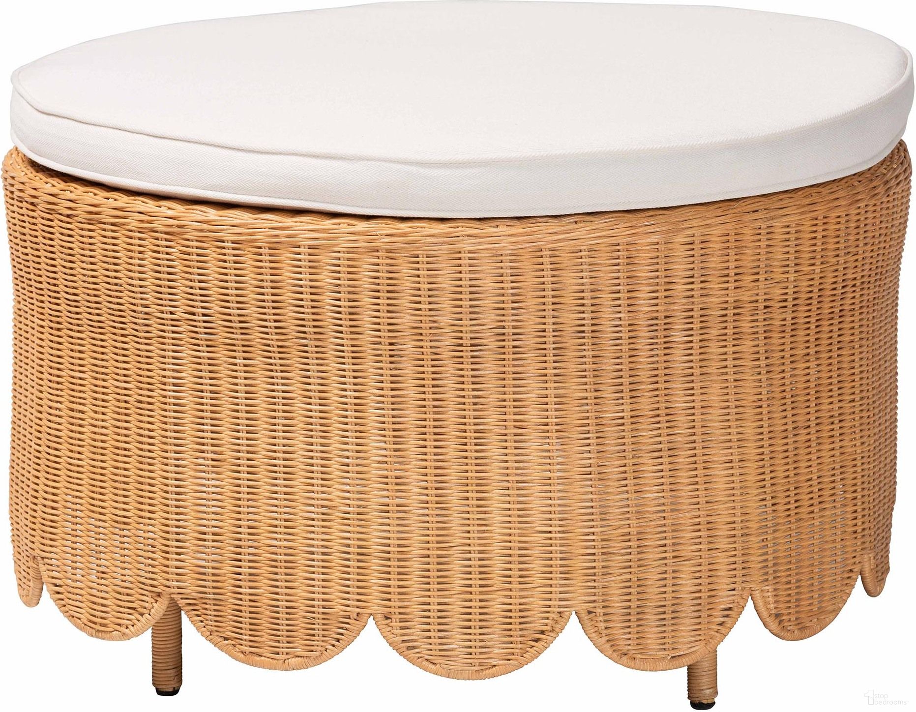 The appearance of Teresa Scalloped Rattan Ottoman In Light Honey and White designed by Baxton Studio in the bohemian interior design. This light honey and white piece of furniture  was selected by 1StopBedrooms from Teresa Collection to add a touch of cosiness and style into your home. Sku: Teresa-Round-Light Honey/Rattan Cushioned-Ottoman. Material: Natural Rattan.