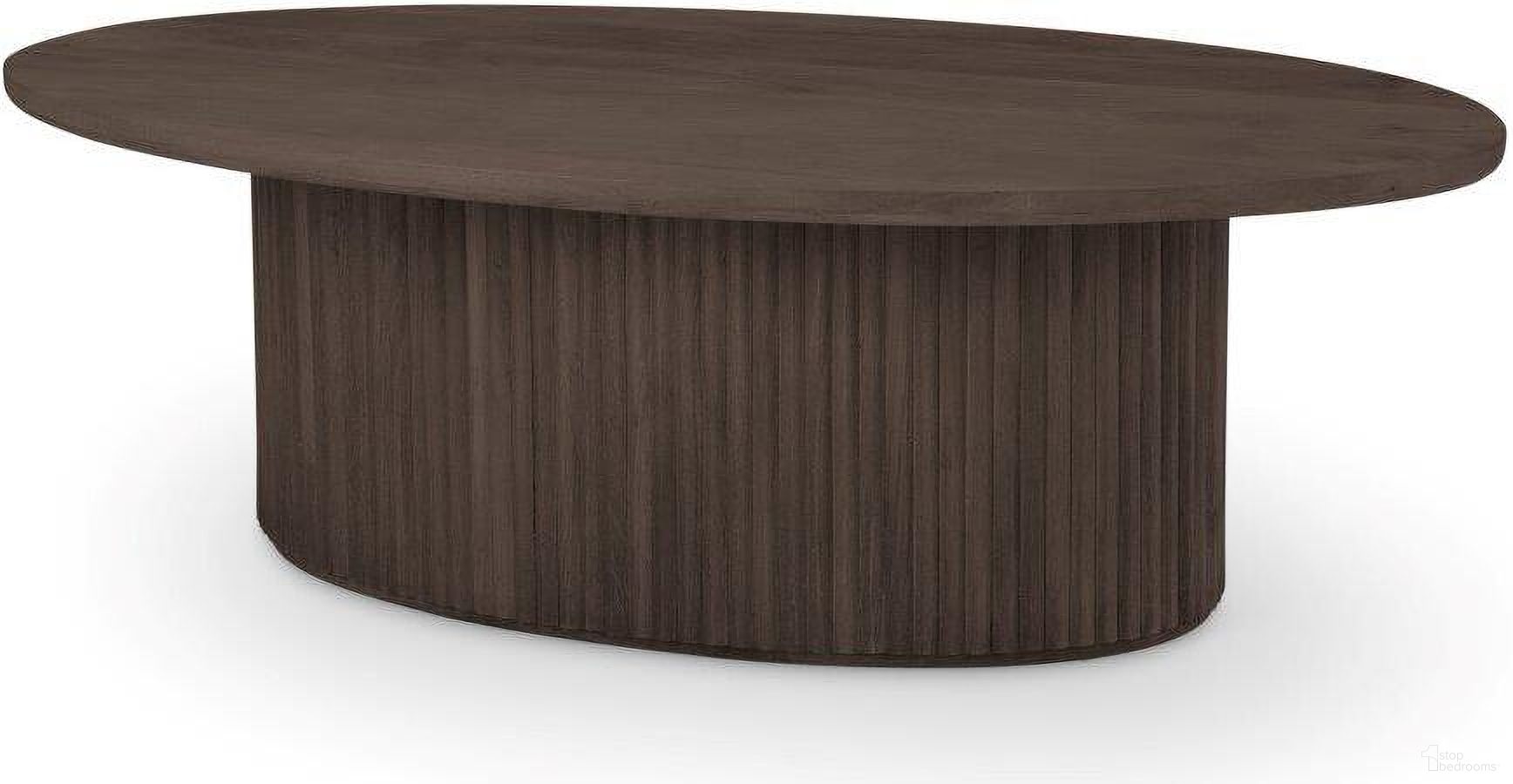 The appearance of Terra Dark Brown Wood Oval Fluted Coffee Table designed by Mercana in the modern / contemporary interior design. This dark brown piece of furniture  was selected by 1StopBedrooms from Terra Collection to add a touch of cosiness and style into your home. Sku: 69875. Material: Wood.