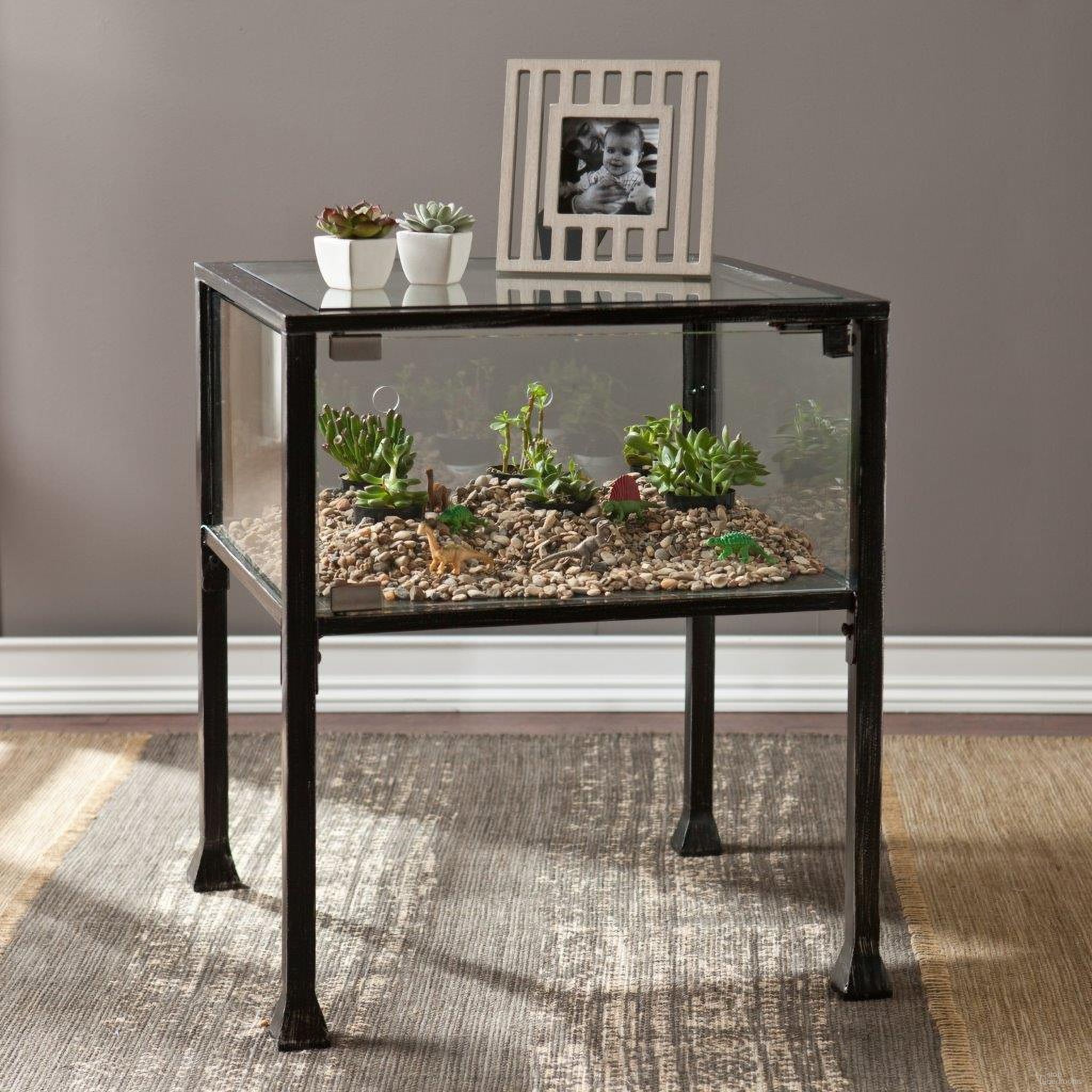 The appearance of Terrarium Display End Table designed by SEI Furniture in the transitional interior design. This black piece of furniture  was selected by 1StopBedrooms from Terrarium Collection to add a touch of cosiness and style into your home. Sku: CK8862. Material: Glass.