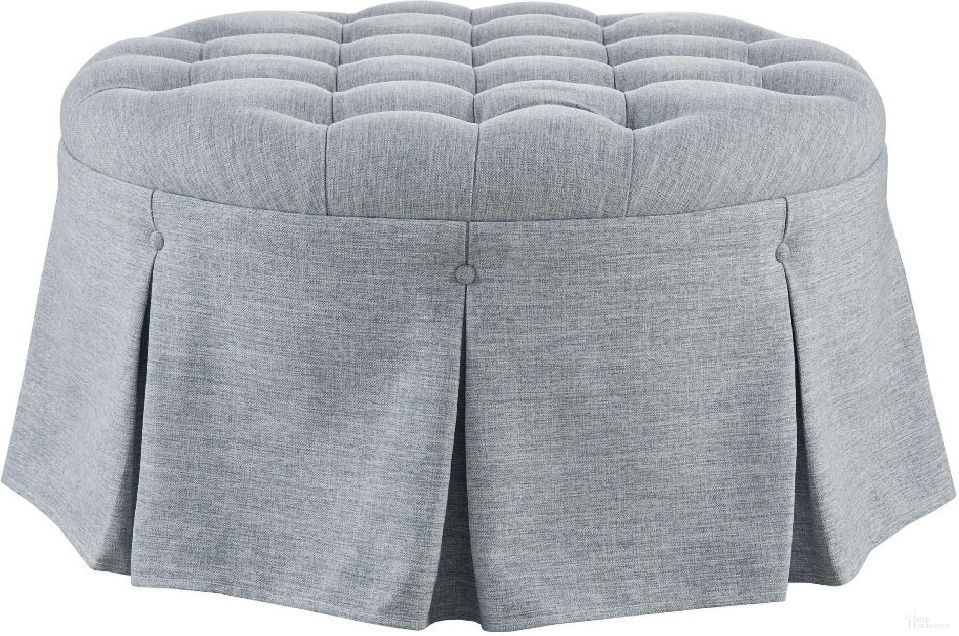 The appearance of Terri Skirted Tufted 32 Inch Round Ottoman In Light Blue designed by Olliix in the country / farmhouse interior design. This light blue piece of furniture  was selected by 1StopBedrooms from Terri Collection to add a touch of cosiness and style into your home. Sku: MT101-0179. Material: Polyester.