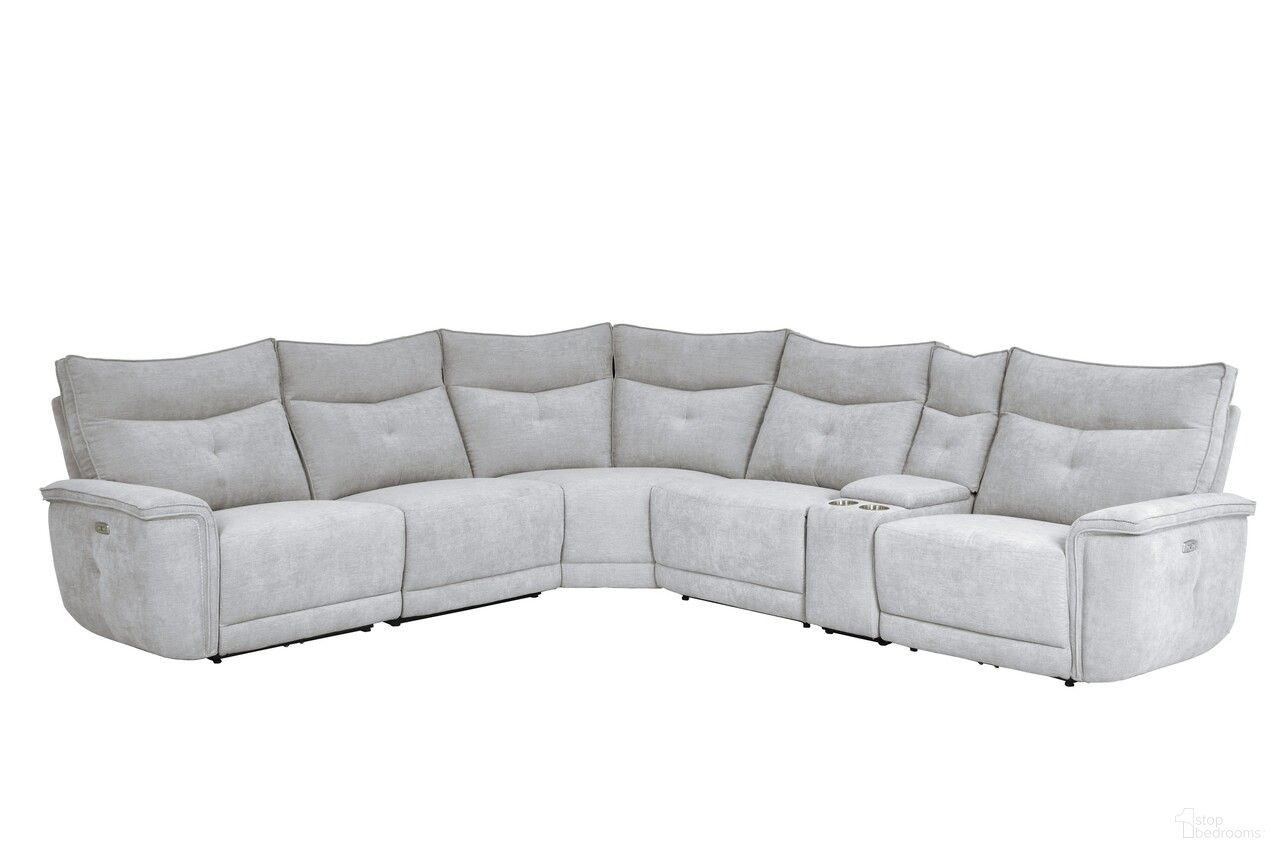 The appearance of Tesoro 6-Piece Modular Power Reclining Sectional with Power Headrests and USB Ports In Mist Gray designed by Homelegance in the modern / contemporary interior design. This mist gray piece of furniture  was selected by 1StopBedrooms from Tesoro Collection to add a touch of cosiness and style into your home. Sku: 9509MGY-LRPWH;9509MGY-ARWH;9509MGY-CN;9509MGY-AC;9509MGY-CR;9509MGY-RRPWH. Material: Textured.