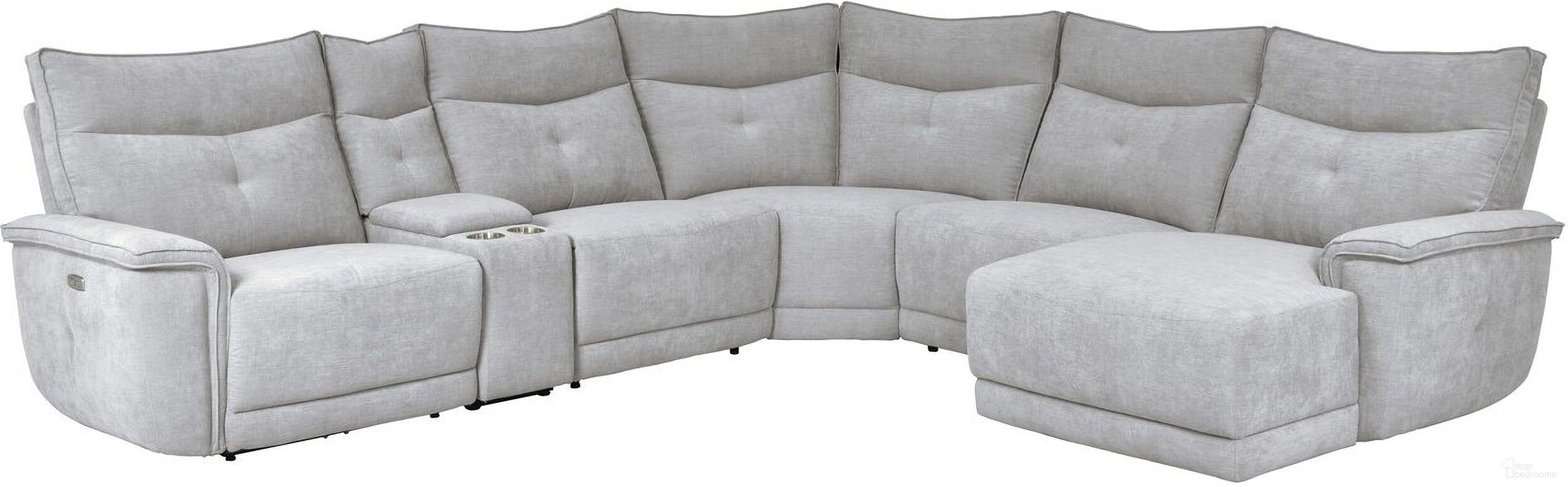 The appearance of Tesoro 6-Piece Modular Power Reclining Sectional with Power Headrests, Right Chaise and USB Port In Gray designed by Homelegance in the modern / contemporary interior design. This mist gray piece of furniture  was selected by 1StopBedrooms from Tesoro Collection to add a touch of cosiness and style into your home. Sku: 9509MGY-LRPWH;9509MGY-ARWH;9509MGY-CN;9509MGY-AC;9509MGY-5R;9509MGY-CR. Material: Textured.