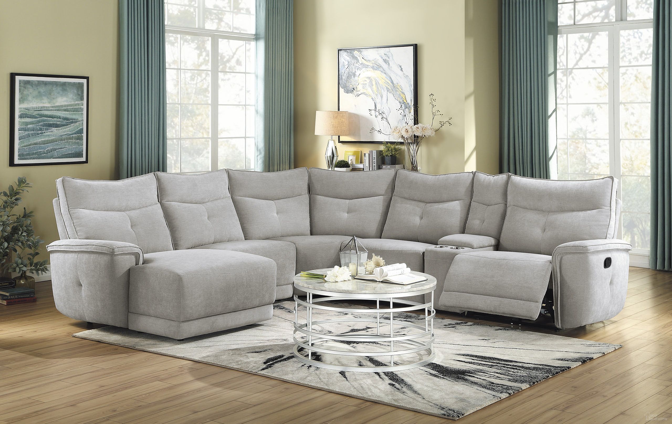 The appearance of Tesoro 6-Piece Modular Reclining Sectional with Left Chaise In Mist Gray designed by Homelegance in the modern / contemporary interior design. This mist gray piece of furniture was selected by 1StopBedrooms from Tesoro Collection to add a touch of cosiness and style into your home. Sku: 9509MGY-RR;9509MGY-CN;9509MGY-AC;9509MGY-AC;9509MGY-5L;9509MGY-CR. Material: Textured.