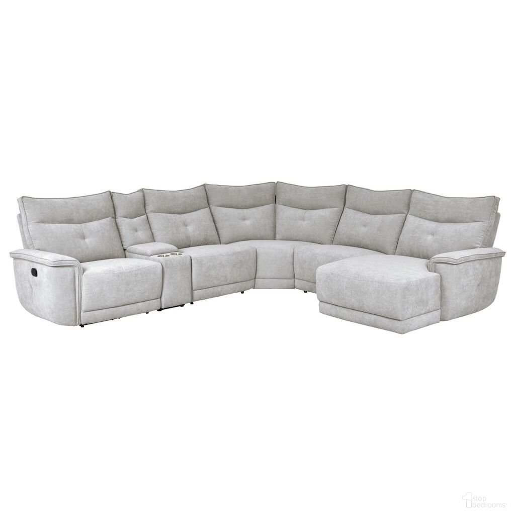 The appearance of Tesoro 6-Piece Modular Reclining Sectional with Right Chaise In Gray designed by Homelegance in the transitional interior design. This mist gray piece of furniture was selected by 1StopBedrooms from Tesoro Collection to add a touch of cosiness and style into your home. Sku: 9509MGY-LR;9509MGY-AR;9509MGY-CN;9509MGY-AC;9509MGY-5R;9509MGY-CR. Material: Textured.