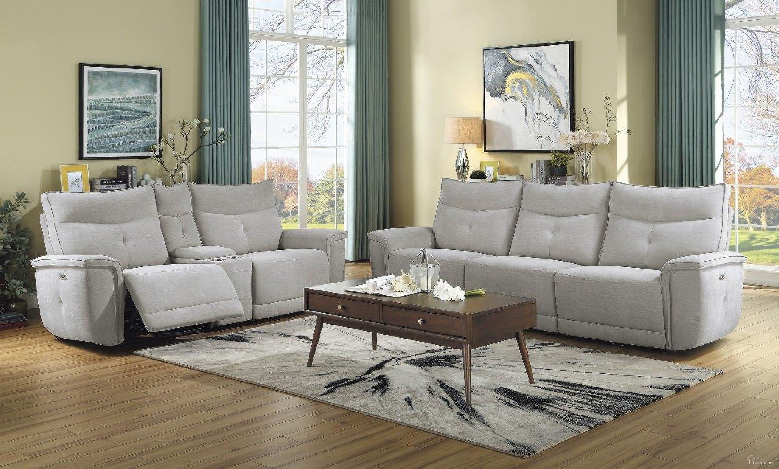 The appearance of Tesoro Mist Gray Power Double Reclining Living Room Set with Power Headrests and USB Ports designed by Homelegance in the modern / contemporary interior design. This gray piece of furniture  was selected by 1StopBedrooms from Tesoro Collection to add a touch of cosiness and style into your home. Sku: 9509MGY-3PWH;9509MGY-2CNPWH. Material: Textured.