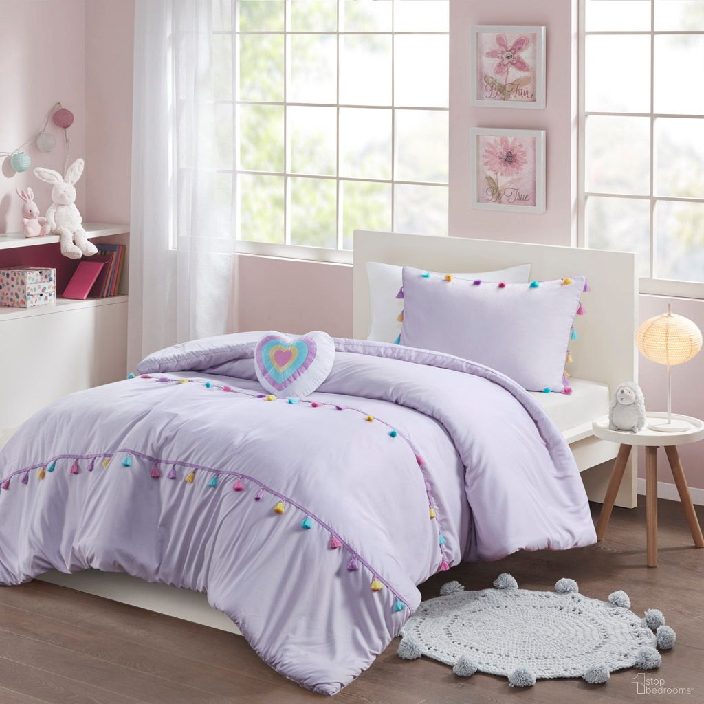 The appearance of Tessa Tassel 4 Piece Full/Queen Comforter Set with Heart Shaped Throw Pillow In Lavender designed by Olliix in the transitional interior design. This lavender piece of furniture was selected by 1StopBedrooms from Tessa Collection to add a touch of cosiness and style into your home. Sku: MZK10-274. Material: Polyester. Bed Size: Full.