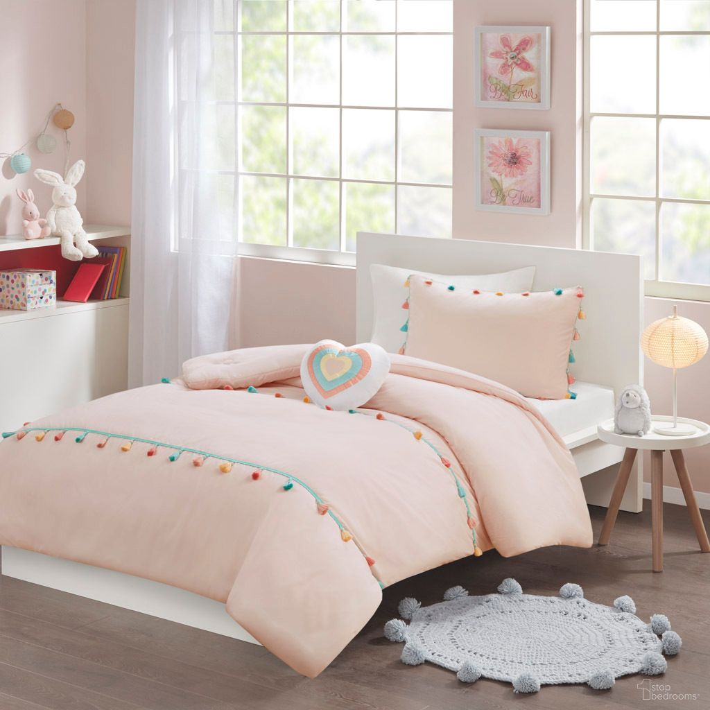 Tessa Tassel 3 Piece Twin Comforter Set with Heart Shaped Throw Pillow In Blush