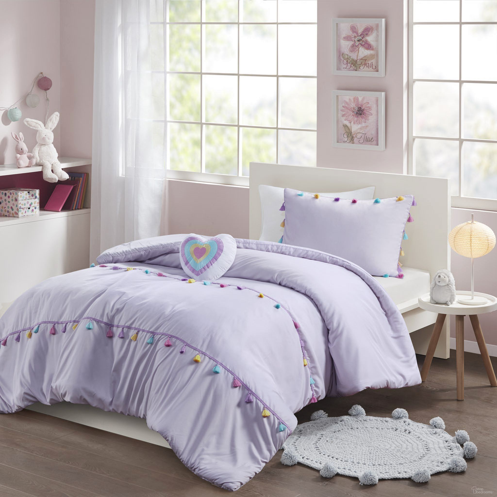 Tessa Tassel 3 Piece Twin Comforter Set with Heart Shaped Throw Pillow In Lavender