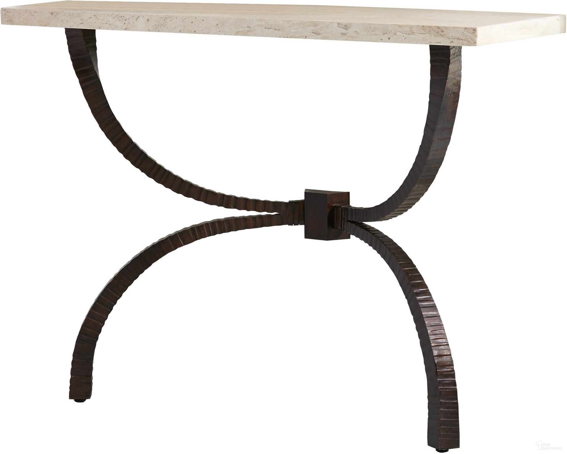 The appearance of Teton Console In Bronze With Travertine Top designed by Global Views in the modern / contemporary interior design. This bronze piece of furniture  was selected by 1StopBedrooms from Teton Collection to add a touch of cosiness and style into your home. Sku: 790651. Material: Iron.