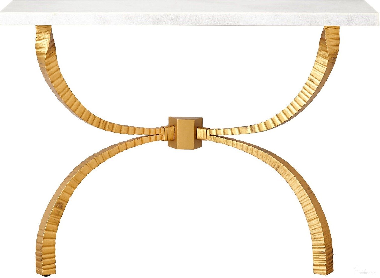 The appearance of Teton Console In Gold With White Marble Top designed by Global Views in the modern / contemporary interior design. This gold piece of furniture  was selected by 1StopBedrooms from Teton Collection to add a touch of cosiness and style into your home. Sku: 790652. Material: Iron.