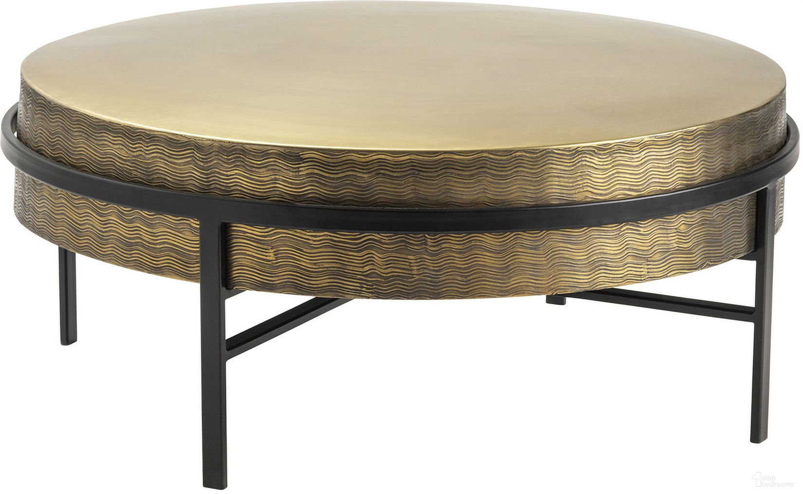 The appearance of Textured Brass Cocktail Table In Black and Gold designed by Crestview Collection in the transitional interior design. This black/gold piece of furniture  was selected by 1StopBedrooms from  to add a touch of cosiness and style into your home. Sku: CVFZNR008. Material: Metal.