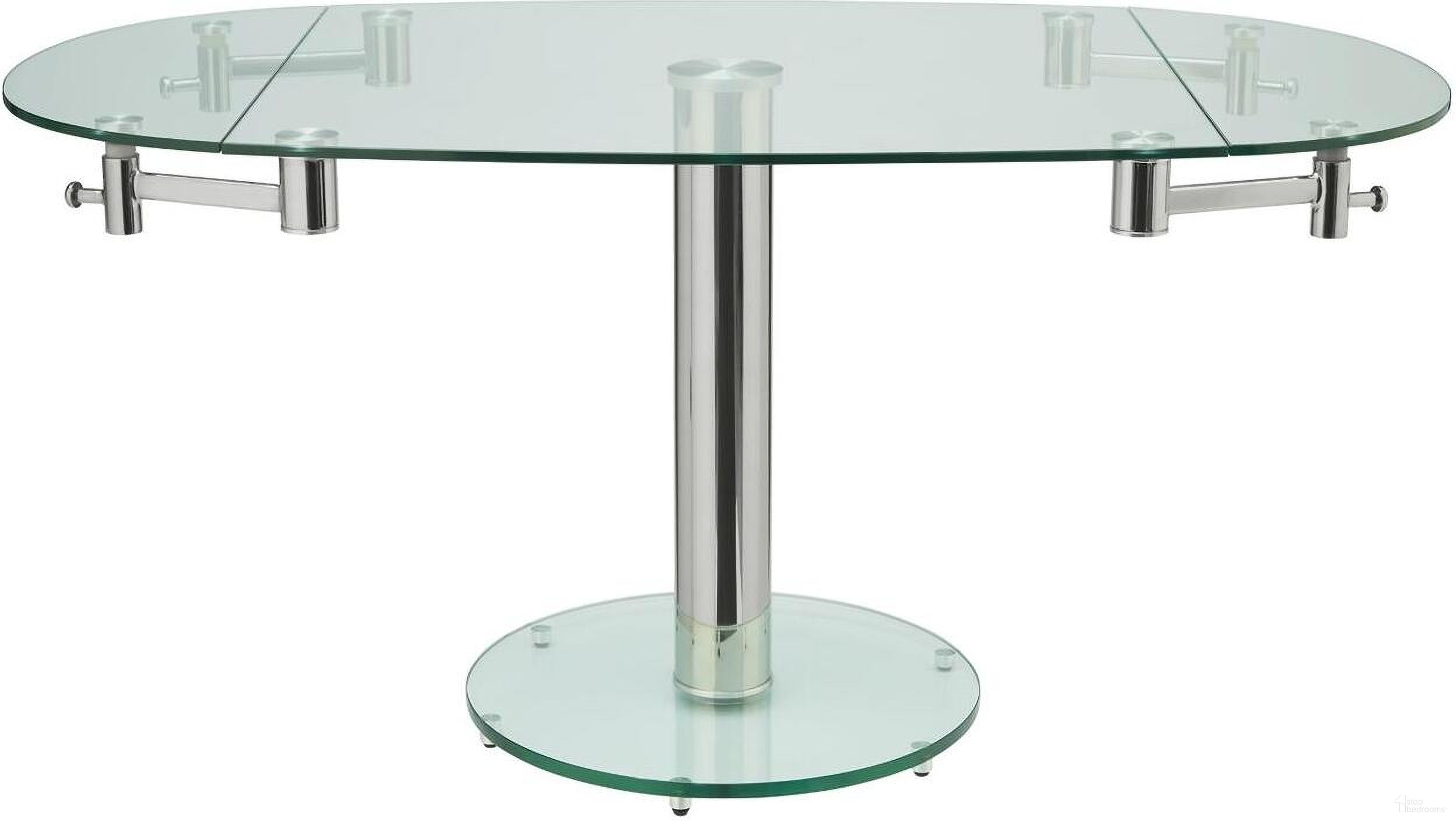 The appearance of Thao Extendable Dining Table designed by Casabianca Home in the modern / contemporary interior design. This chrome piece of furniture  was selected by 1StopBedrooms from Thao Collection to add a touch of cosiness and style into your home. Sku: CB-T030. Table Base Style: Pedestal. Table Top Shape: Oval. Material: Stainless Steel. Size: 36" x 40".