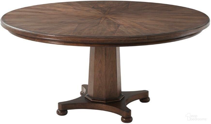 The appearance of The Soleil Dining Table designed by Theodore Alexander in the traditional interior design. This medium brown piece of furniture  was selected by 1StopBedrooms from Tavel Collection to add a touch of cosiness and style into your home. Sku: TA54001.C147. Table Base Style: Pedestal. Table Top Shape: Round. Material: Wood. Size: 64".