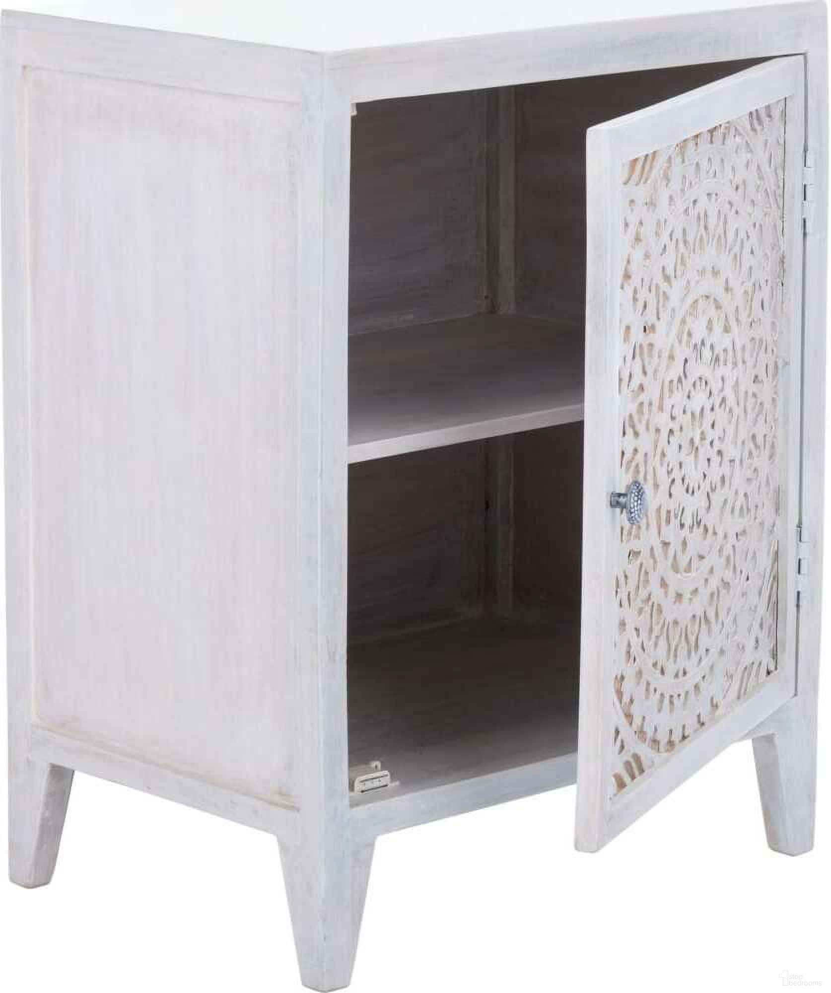 The appearance of Thea White Wash 1 Door Carved Nightstand designed by Safavieh in the modern / contemporary interior design. This washed white piece of furniture  was selected by 1StopBedrooms from Thea Collection to add a touch of cosiness and style into your home. Sku: NST5300C. Material: Wood.
