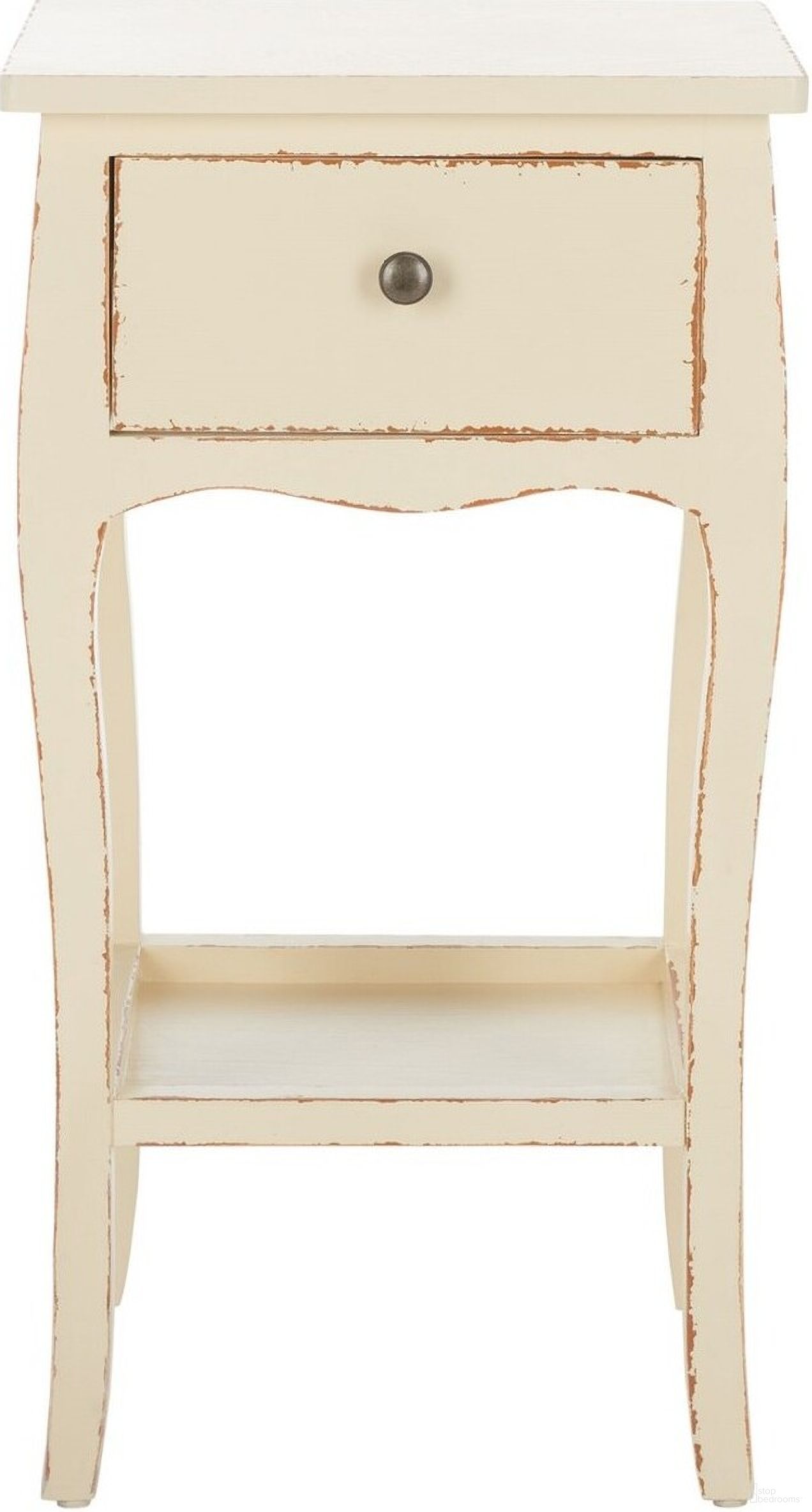 The appearance of Thelma Vintage Cream End Table with Storage Drawer designed by Safavieh in the traditional interior design. This vanilla piece of furniture  was selected by 1StopBedrooms from Thelma Collection to add a touch of cosiness and style into your home. Sku: AMH6619D. Material: Wood.