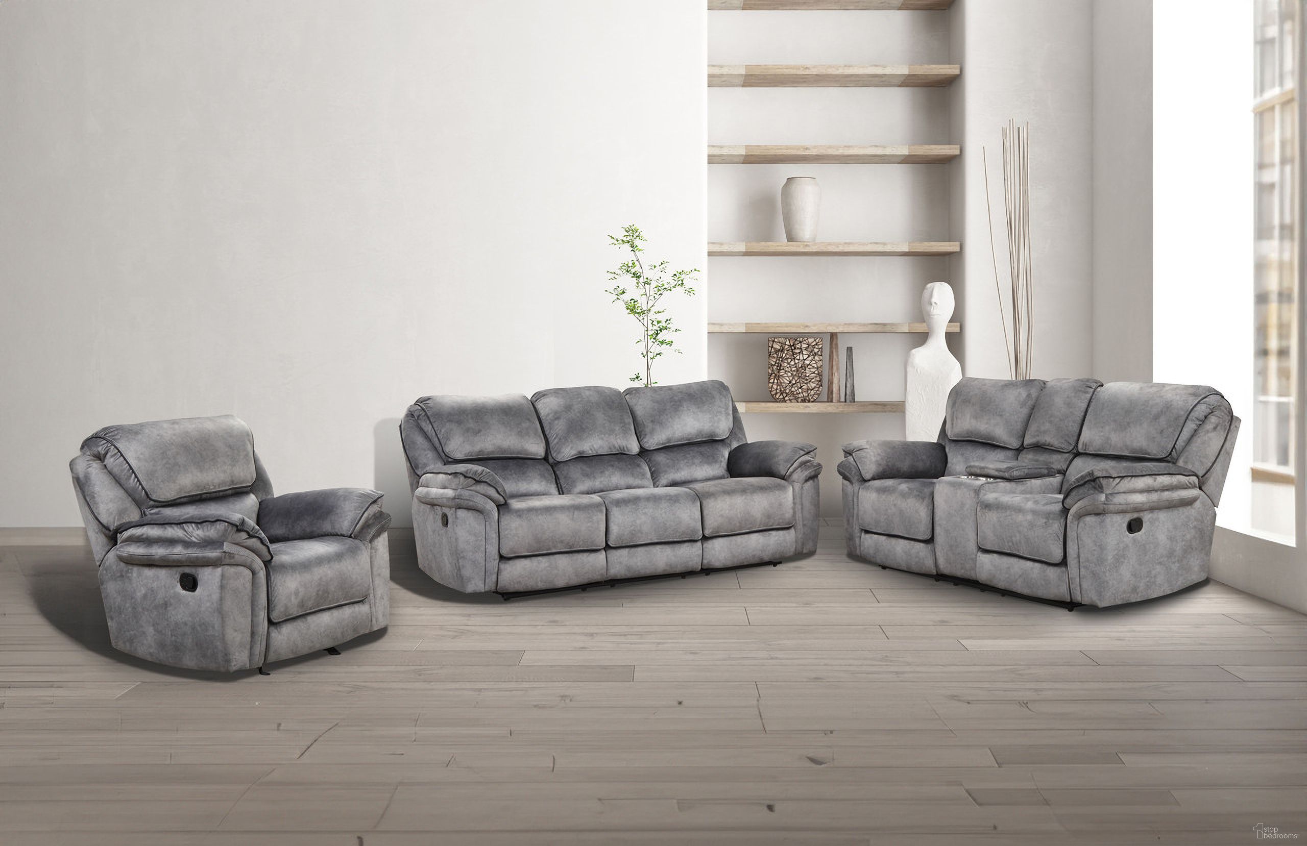The appearance of Themis Living Room Set In Gray designed by Furniture of America in the transitional interior design. This gray piece of furniture was selected by 1StopBedrooms from Themis Collection to add a touch of cosiness and style into your home. Sku: NX6002GY-SF;NX6002GY-LV. Material: Leather.