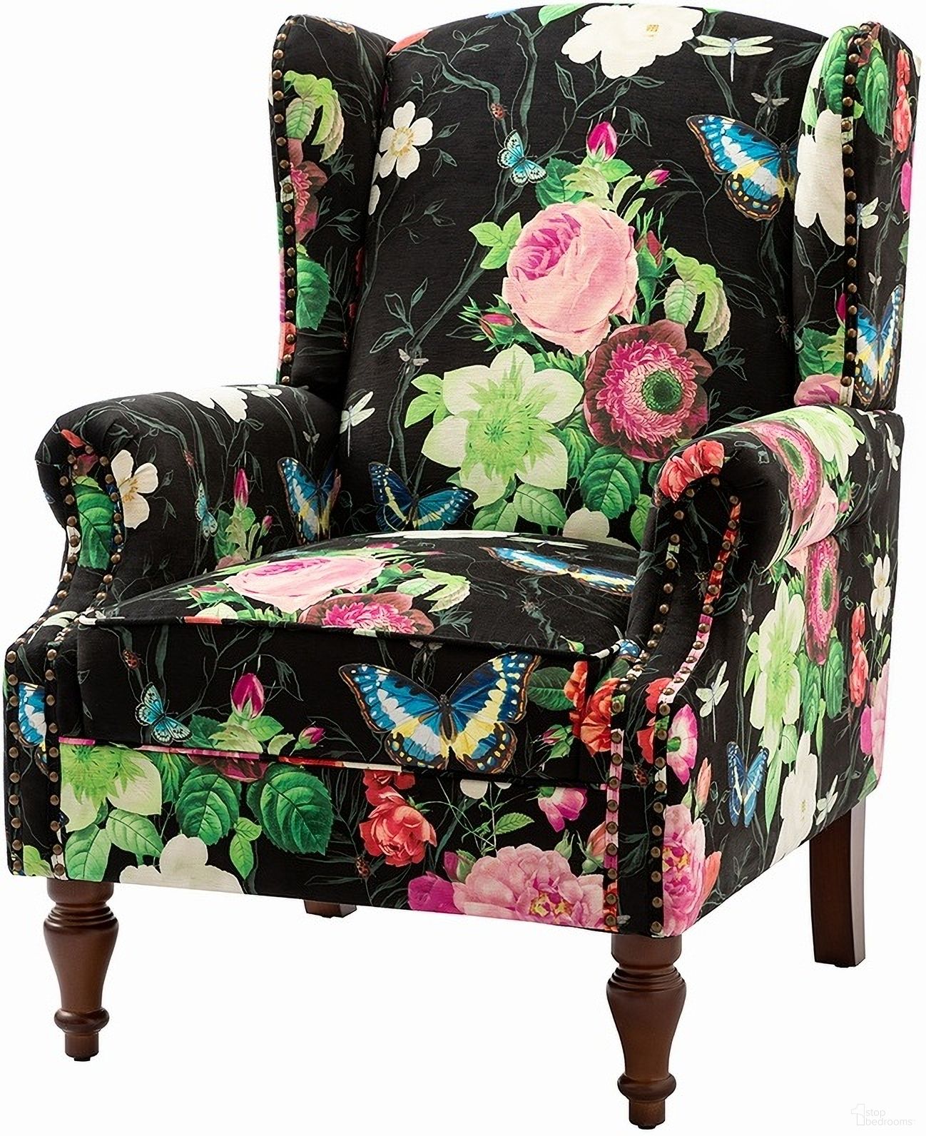 The appearance of Theodor Armchair In Black designed by Karat Home in the modern / contemporary interior design. This black piece of furniture  was selected by 1StopBedrooms from Theodor Collection to add a touch of cosiness and style into your home. Sku: CHS0799-BLK. Material: Print Velvet Fabric.
