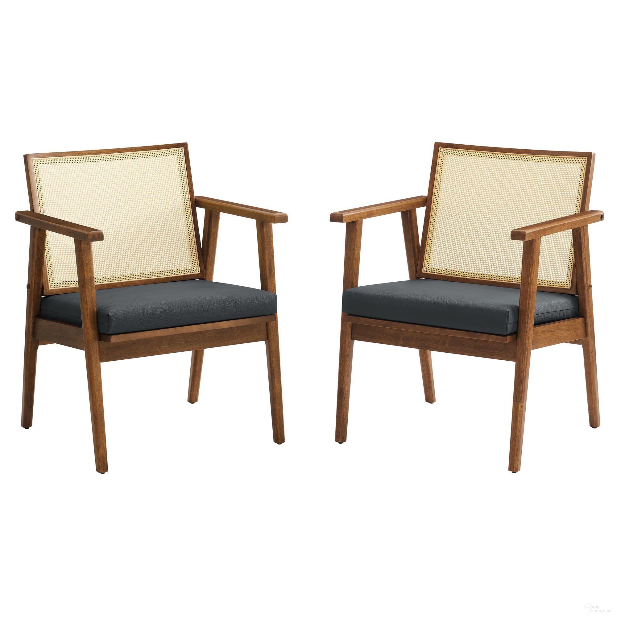 Thera Vegan Leather and Cane Accent Armchairs Set of 2 In Walnut and Black