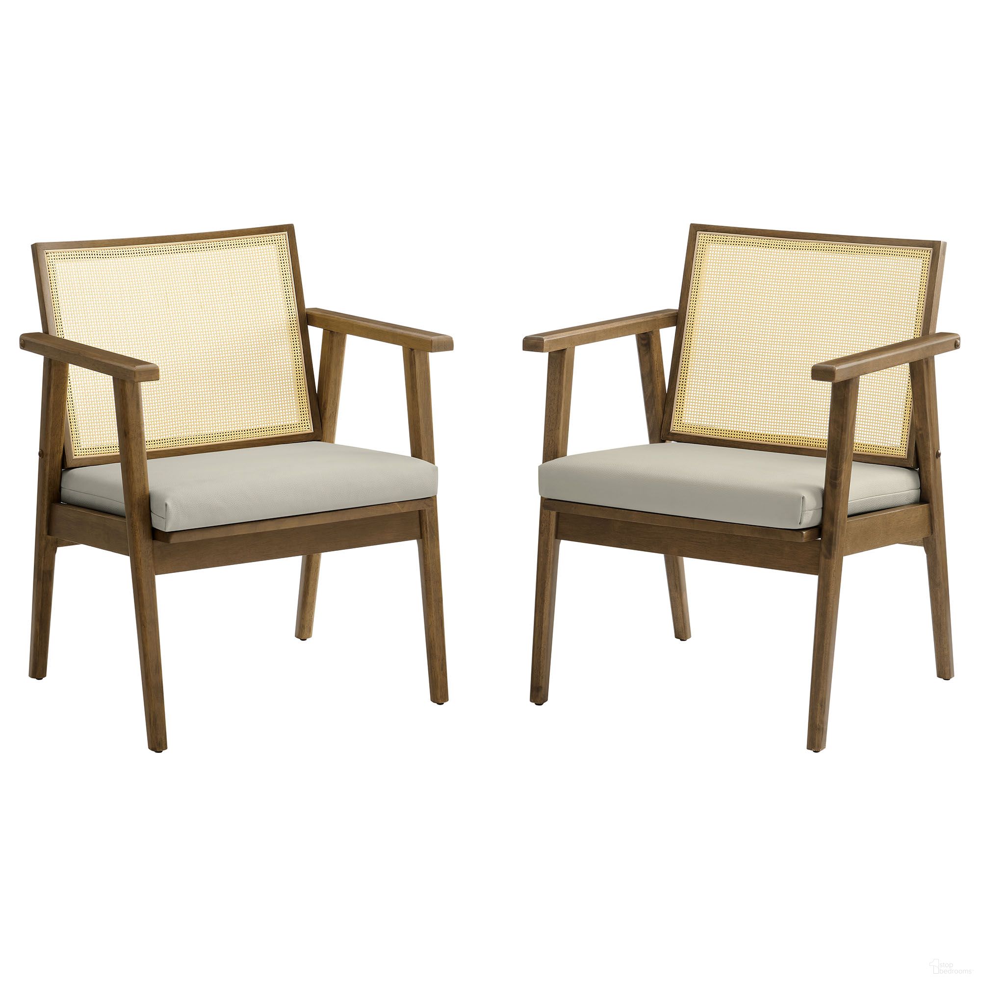 Thera Vegan Leather and Cane Accent Armchairs Set of 2 In Weathered Oak and Stone