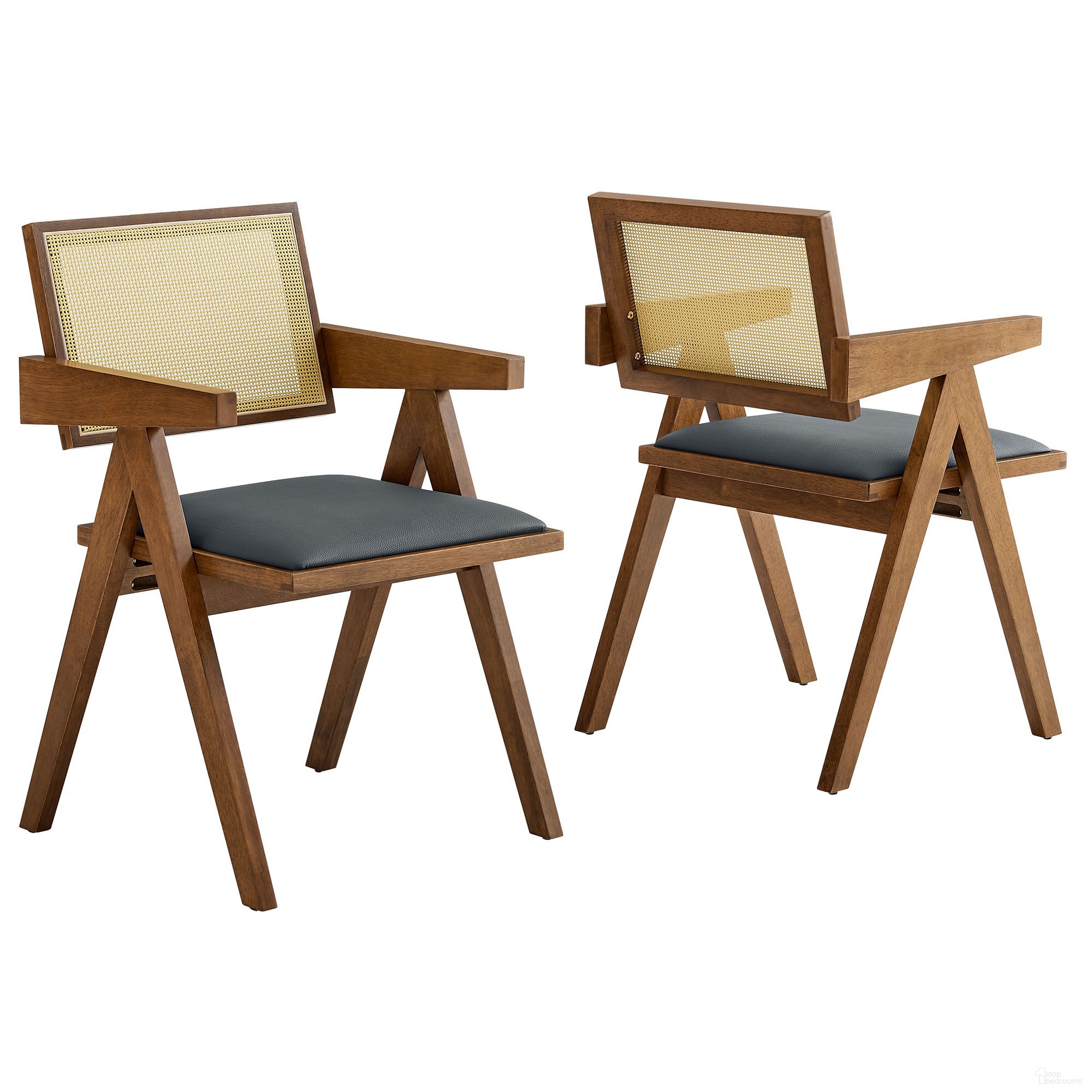 Thera Vegan Leather Cane Dining Armchairs Set of 2 In Walnut and Black