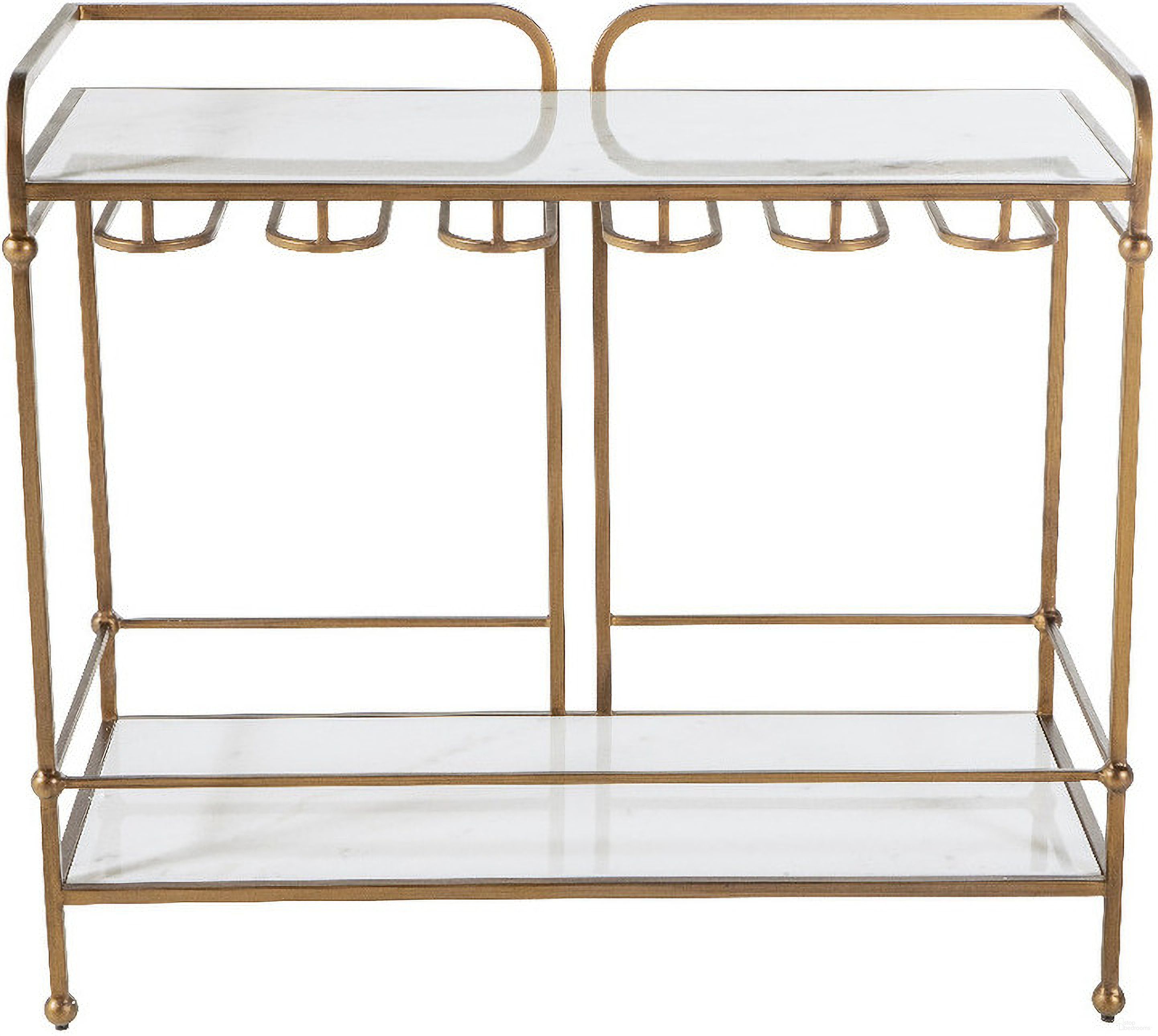 The appearance of Thia Bar Console In Brushed Brass and Roman White designed by Gabby in the transitional interior design. This brushed brass/roman white piece of furniture was selected by 1StopBedrooms from Thia Collection to add a touch of cosiness and style into your home. Sku: SCH-175134. Material: Marble.