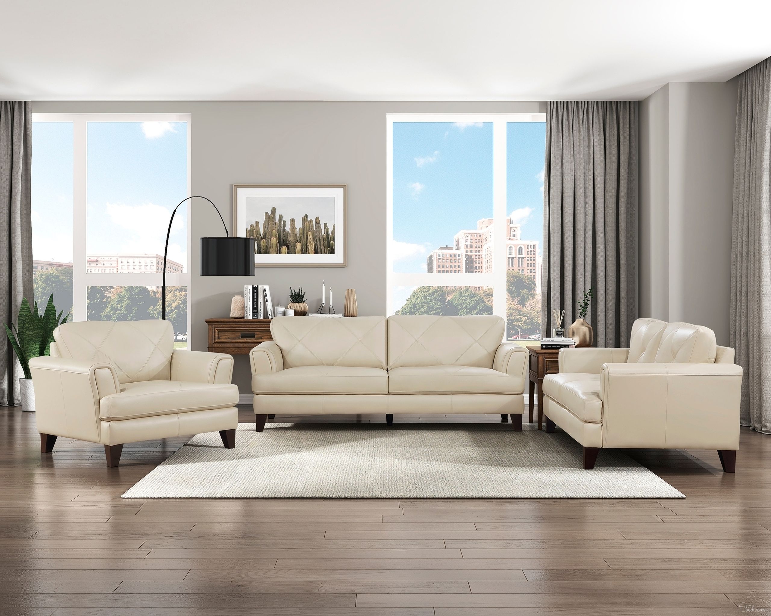 The appearance of Thierry Leather Living Room Set In Cream designed by Homelegance in the modern / contemporary interior design. This cream piece of furniture was selected by 1StopBedrooms from Thierry Collection to add a touch of cosiness and style into your home. Sku: 9279CRM-3;9279CRM-2. Material: Leather.