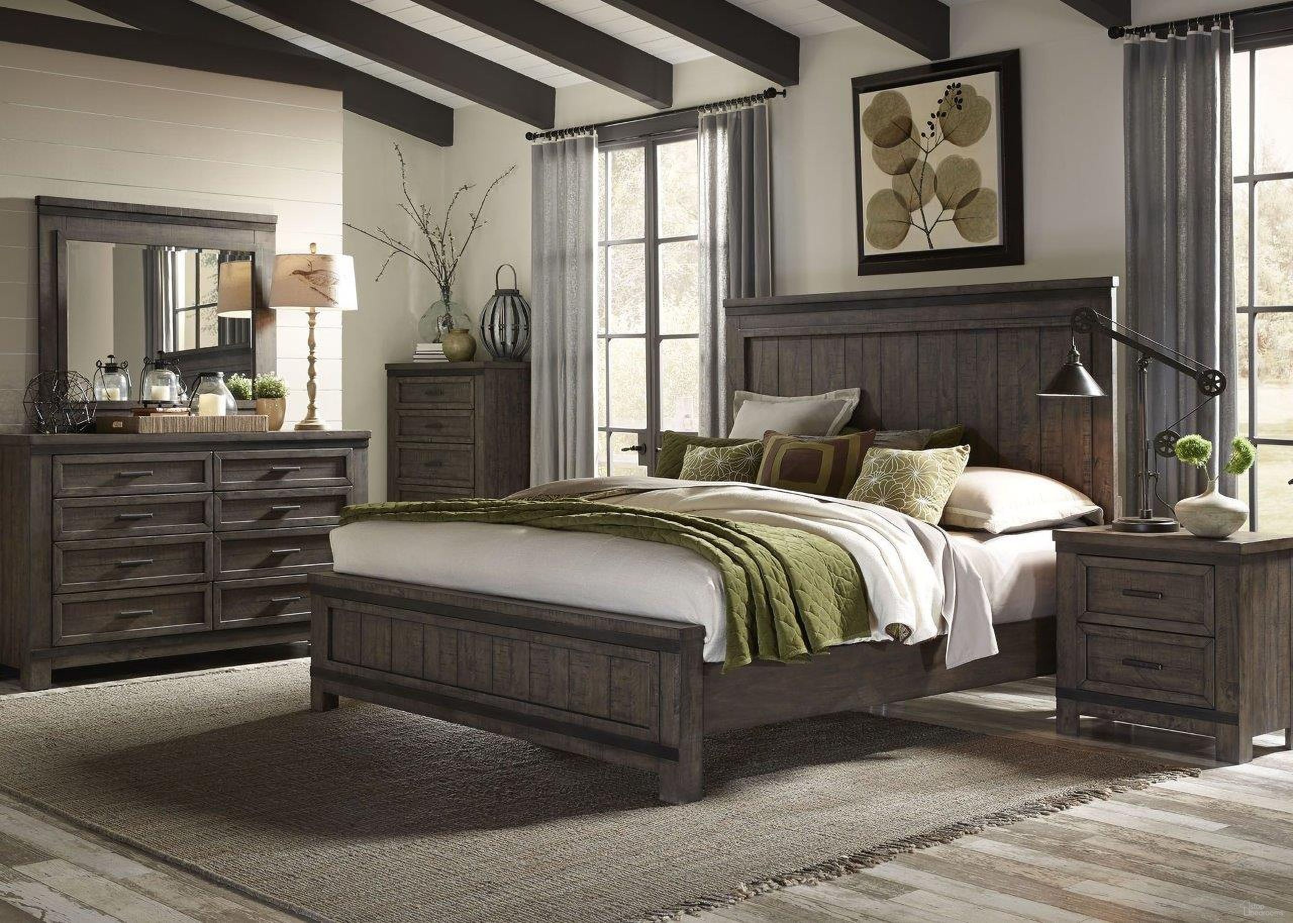 The appearance of Liberty Furniture Thornwood Hills King Panel Bedroom Set, Brown designed by Liberty in the transitional interior design. This brown piece of furniture  was selected by 1StopBedrooms from Thornwood Hills Collection to add a touch of cosiness and style into your home. Sku: 759-BR15;759-BR16;759-BR90;759-BR61. Bed Type: Panel Bed. Bed Size: Queen. Material: Rubberwood.