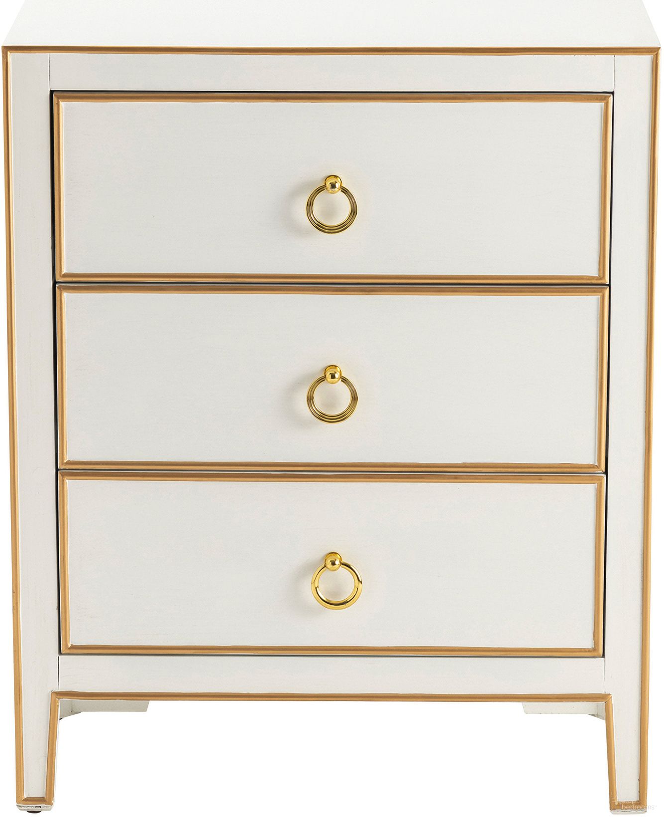 The appearance of Three-Drawer Chest In White and Gold designed by Crestview Collection in the modern / contemporary interior design. This white/gold piece of furniture was selected by 1StopBedrooms from to add a touch of cosiness and style into your home. Sku: CVFZR5037. Material: Solid Wood.