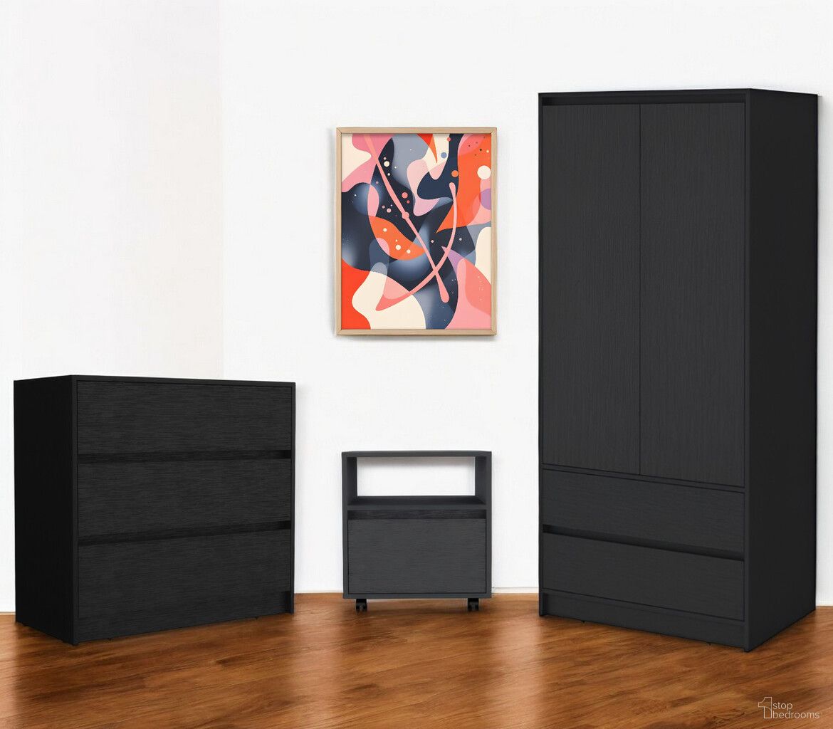 The appearance of Modern 3-Piece Nightstand, Dresser, and Armoire Storage Set In Black designed by Homeroots in the modern / contemporary interior design. This black piece of furniture  was selected by 1StopBedrooms from  to add a touch of cosiness and style into your home. Sku: 526360. Material: Wood.
