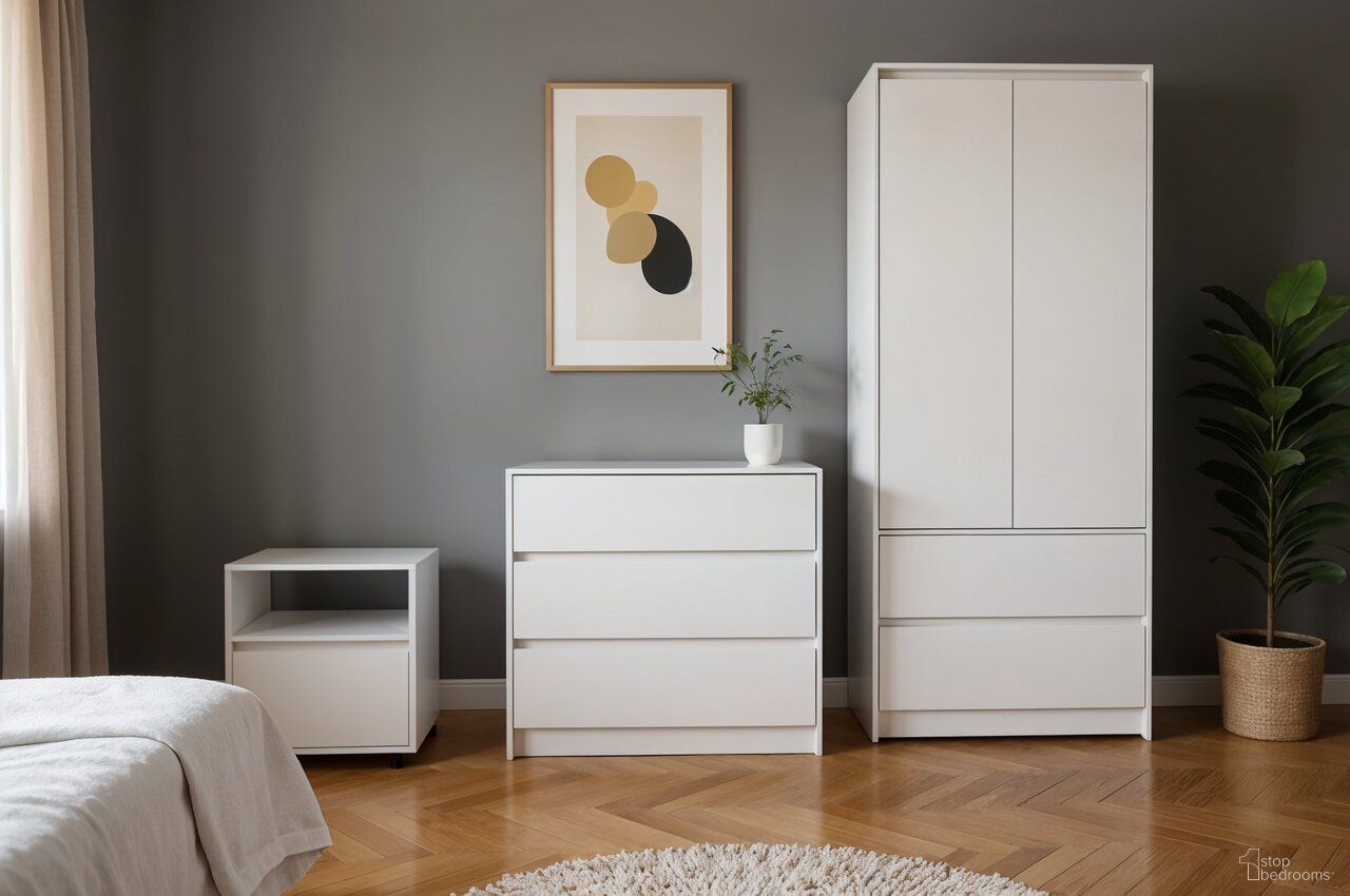 The appearance of Modern 3-Piece Nightstand, Dresser, and Armoire Storage Set In White designed by Homeroots in the modern / contemporary interior design. This white piece of furniture was selected by 1StopBedrooms from to add a touch of cosiness and style into your home. Sku: 526358.