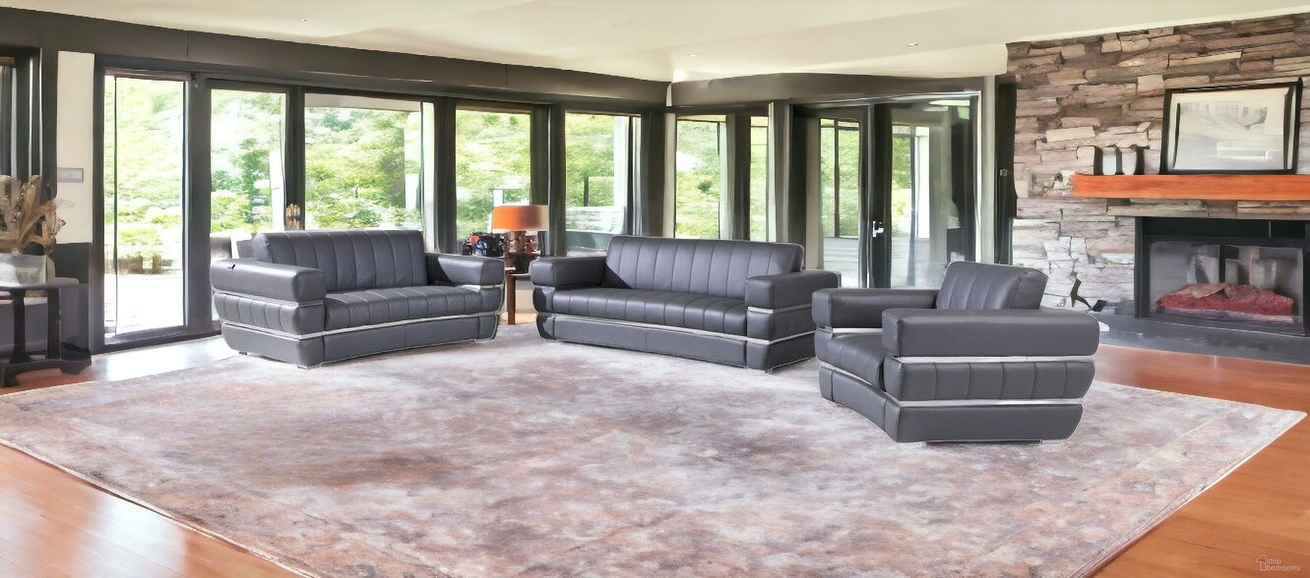 The appearance of Three Piece Indoor Italian Leather Six Person Seating Set In Dark Gray designed by Homeroots in the modern / contemporary interior design. This dark gray piece of furniture was selected by 1StopBedrooms from to add a touch of cosiness and style into your home. Sku: 476550. Material: Genuine Leather.
