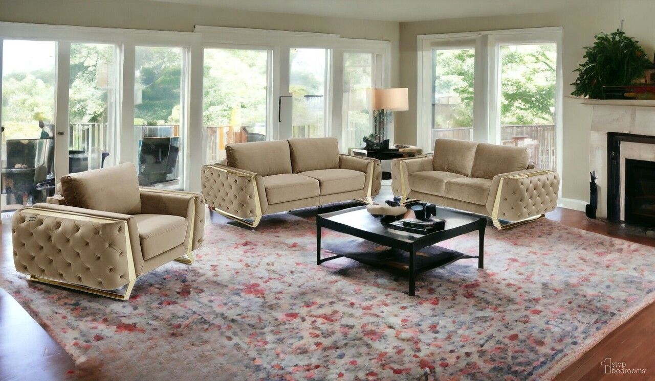The appearance of Three Piece Indoor Velvet Six Person Seating Set In Beige designed by Homeroots in the transitional interior design. This beige piece of furniture was selected by 1StopBedrooms from to add a touch of cosiness and style into your home. Sku: 518562. Material: Velvet.