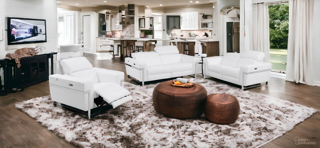 The appearance of Three Piece Italian Leather Six Person Seating Set In White designed by Homeroots in the modern / contemporary interior design. This white piece of furniture was selected by 1StopBedrooms from to add a touch of cosiness and style into your home. Sku: 480874. Material: Genuine Leather.