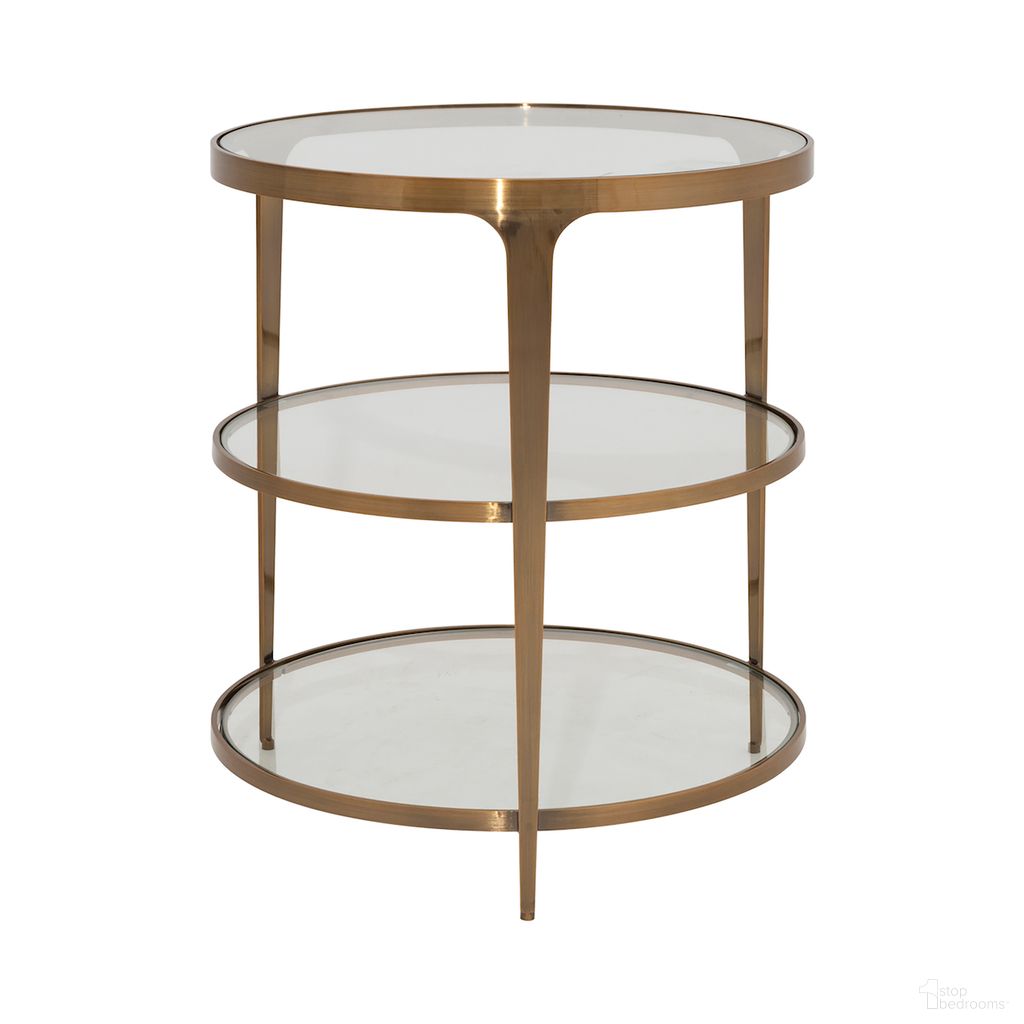 The appearance of Three Tier Glass Top Round End Table In Gold designed by Worlds Away in the modern / contemporary interior design. This gold piece of furniture  was selected by 1StopBedrooms from  to add a touch of cosiness and style into your home. Sku: VIENNA ABR.
