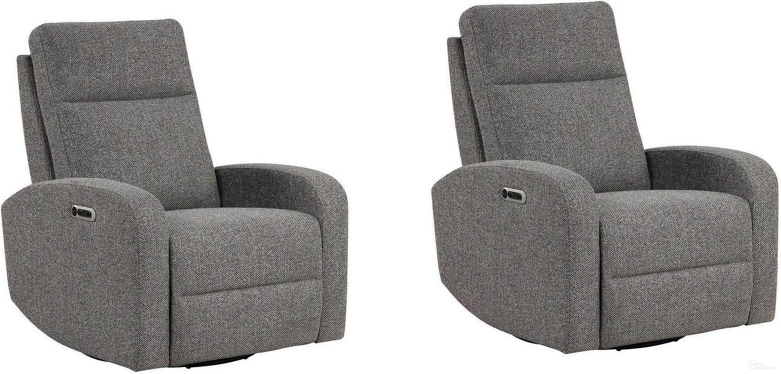 The appearance of Thriller Power Swivel Glider Recliner Set of 2 In Natural Beauty Grey designed by Parker House in the modern / contemporary interior design. This natural beauty grey piece of furniture was selected by 1StopBedrooms from Thriller Collection to add a touch of cosiness and style into your home. Sku: MTHR#812GSP-NBG;MTHR#812GSP-NBG. Material: Polyester.