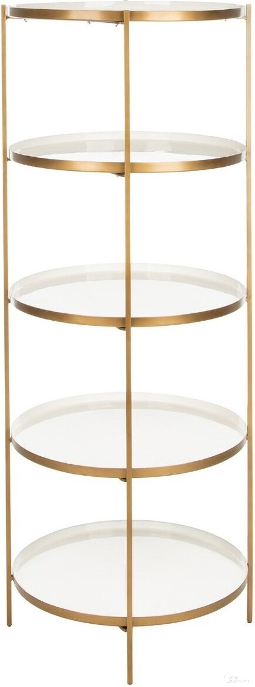 The appearance of Tia White and Brass Round 5 Tier Etagere designed by Safavieh in the modern / contemporary interior design. This white piece of furniture  was selected by 1StopBedrooms from Tia Collection to add a touch of cosiness and style into your home. Sku: ETG3202A. Material: Iron.