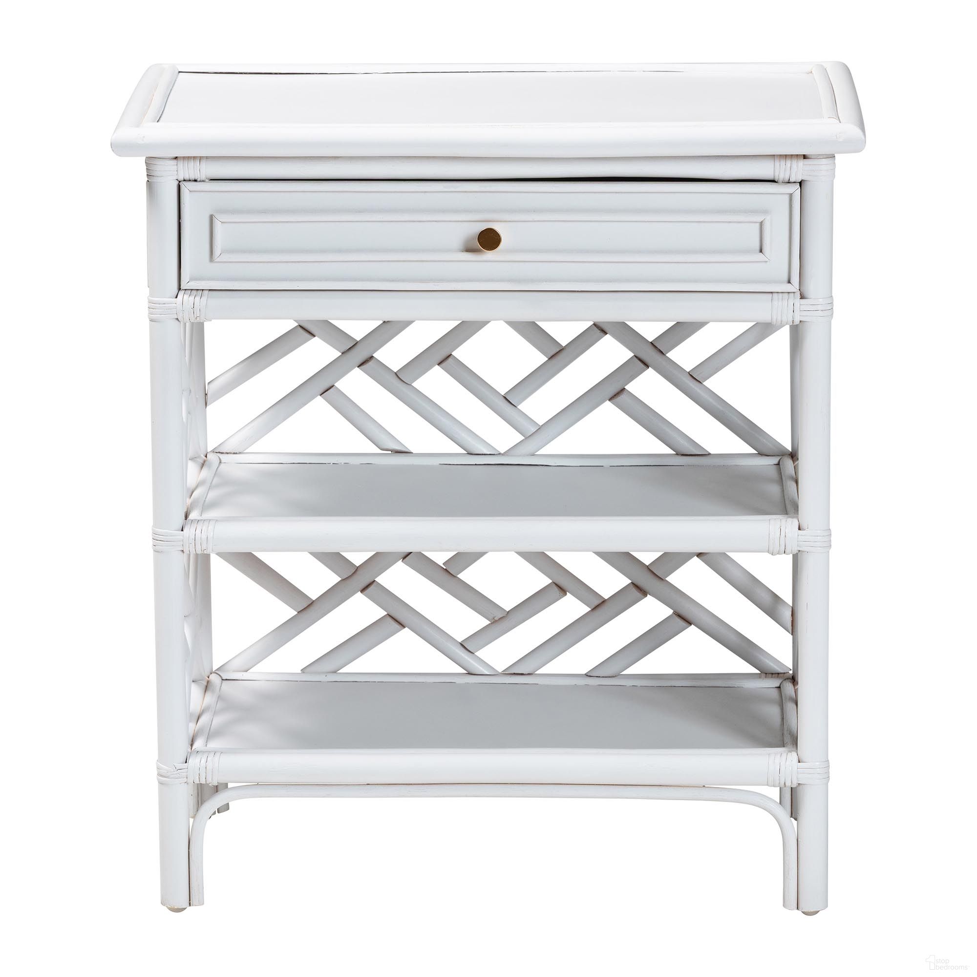 Tiaret Natural Rattan Nightstand with Drawer and Shelves In White