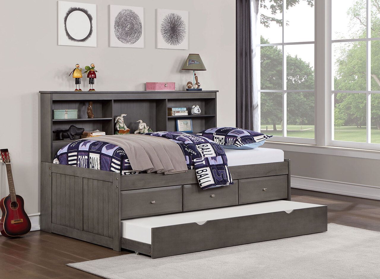 The appearance of Tibalt Full Daybed With Trundle In Dark Gray designed by Furniture of America in the transitional interior design. This dark gray piece of furniture was selected by 1StopBedrooms from Tibalt Collection to add a touch of cosiness and style into your home. Sku: FOA7466GY-F-1;FOA7466GY-F-2;FOA7466GY-F-3;CM-BK963GY-TR. Bed Type: Daybed. Material: Wood. Bed Size: Full.