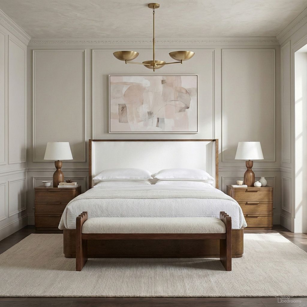 Tiberio Solid Wood and Linen Textured Fabric Bedroom Set In Brown and Cream