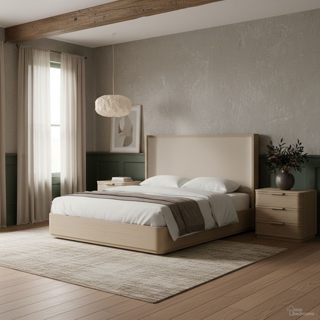 Tiberio Solid Wood and Linen Textured Fabric Bedroom Set In Natural and Cream