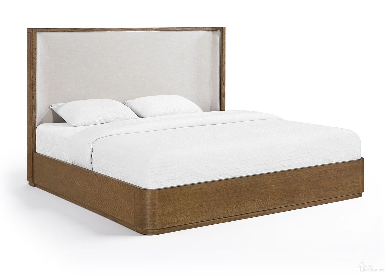 Tiberio Solid Wood and Linen Textured Fabric King Bed In Brown and Cream