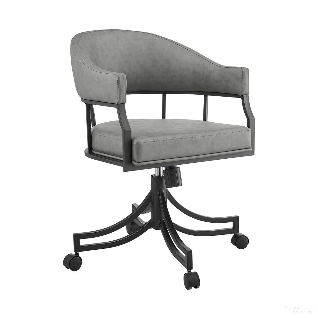 The appearance of Tibet Swivel Tilt Rolling Dining Chair with Matte Black Iron and Vintage Gray Faux Leather designed by Armen Living in the modern / contemporary interior design. This vintage gray piece of furniture was selected by 1StopBedrooms from Tibet Collection to add a touch of cosiness and style into your home. Sku: LCTISIGRYBLK. Material: Iron. Chair Type: Arm Chair.