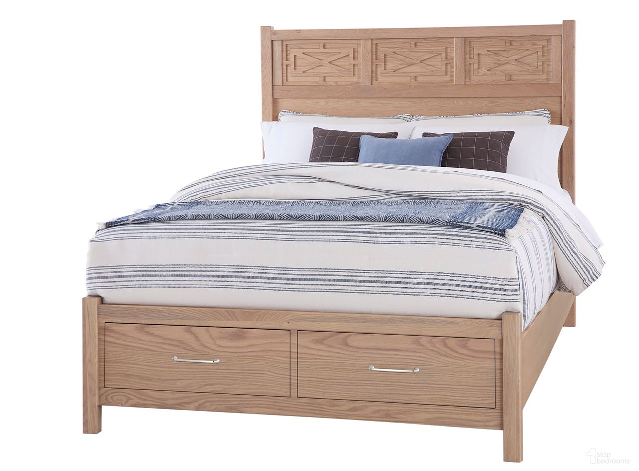 The appearance of Tide and Timber King Fretwork Bed With Storage Footboard In Natural designed by Vaughan Bassett in the traditional interior design. This natural piece of furniture was selected by 1StopBedrooms from Tide and Timber Collection to add a touch of cosiness and style into your home. Sku: 830-667;830-066B;830-502;TT-666T. Bed Type: Panel Bed. Bed Size: King. Material: Oak Veneer.