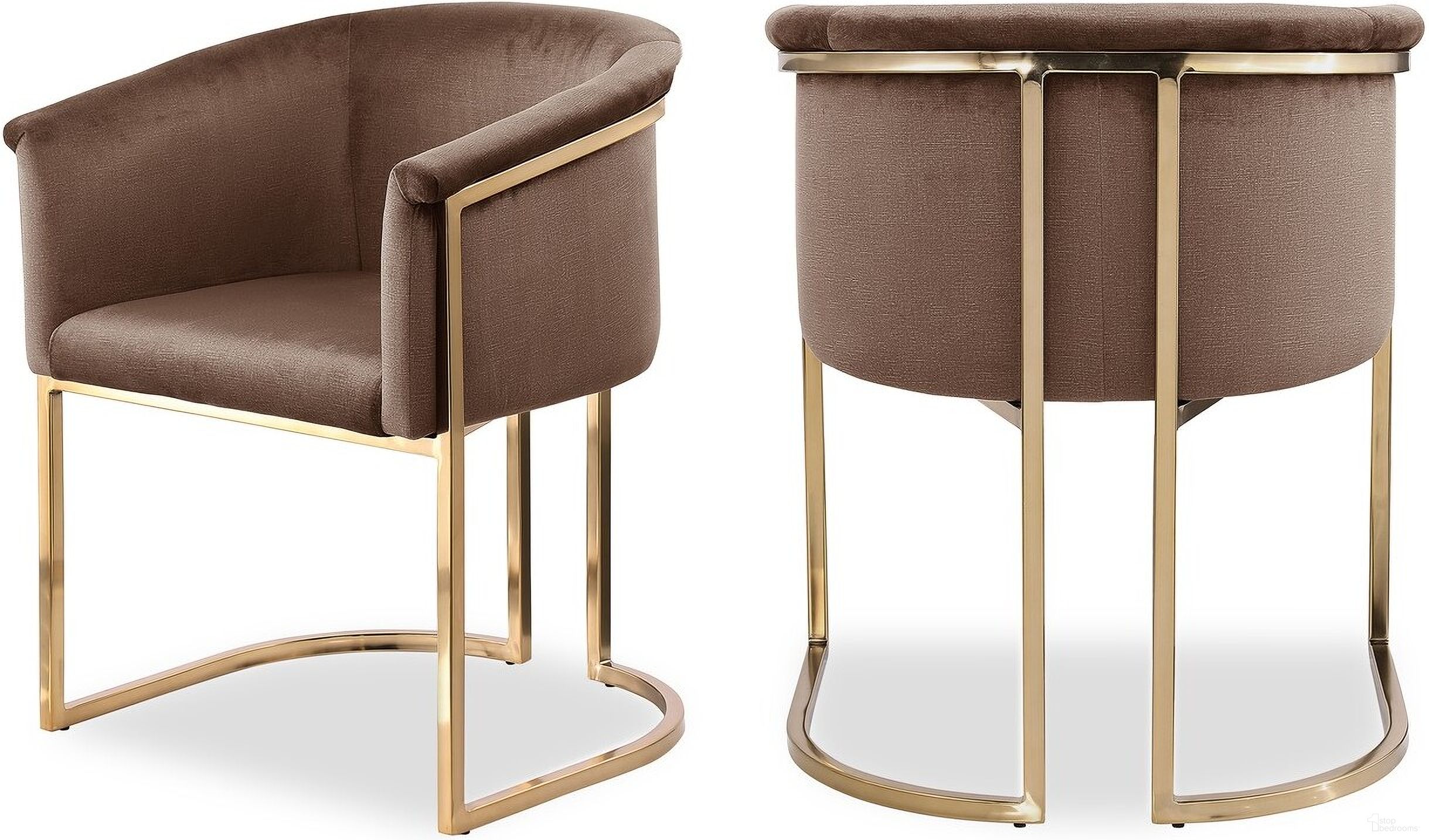 The appearance of Tierra Velvet Dining Chair In Brown designed by Meridian in the modern / contemporary interior design. This brown piece of furniture  was selected by 1StopBedrooms from Tierra Collection to add a touch of cosiness and style into your home. Sku: 758Brown-C. Material: Velvet. Chair Type: Arm Chair.