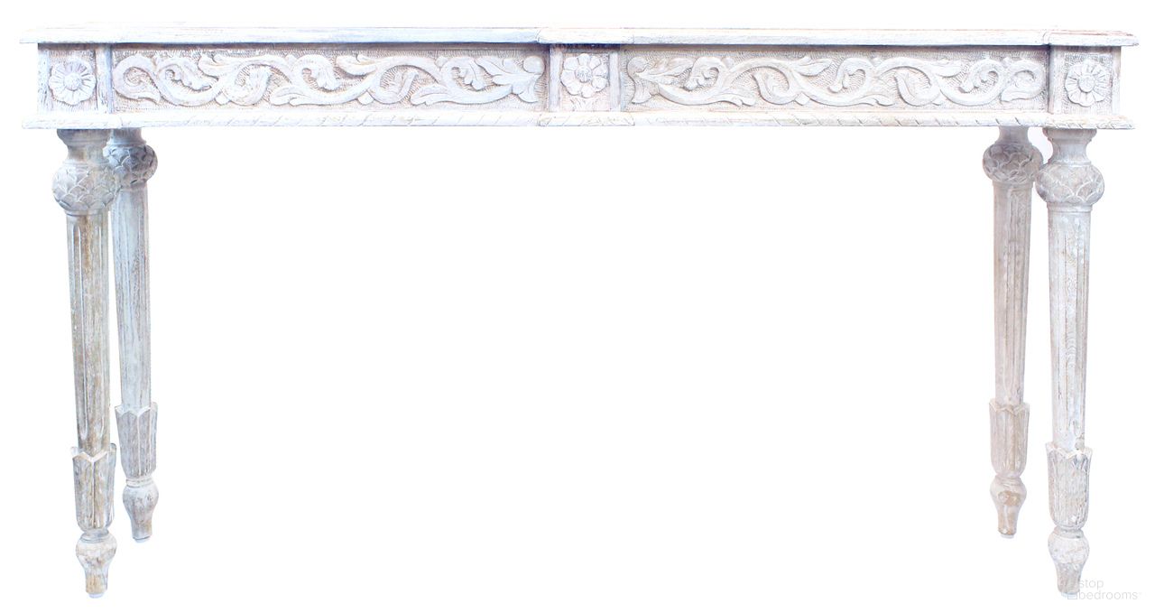 The appearance of Tigard Console With Handcarved Detailing In Antique White designed by Moti in the transitional interior design. This antique white piece of furniture was selected by 1StopBedrooms from Tigard Collection to add a touch of cosiness and style into your home. Sku: 24005002A. Material: Wood.