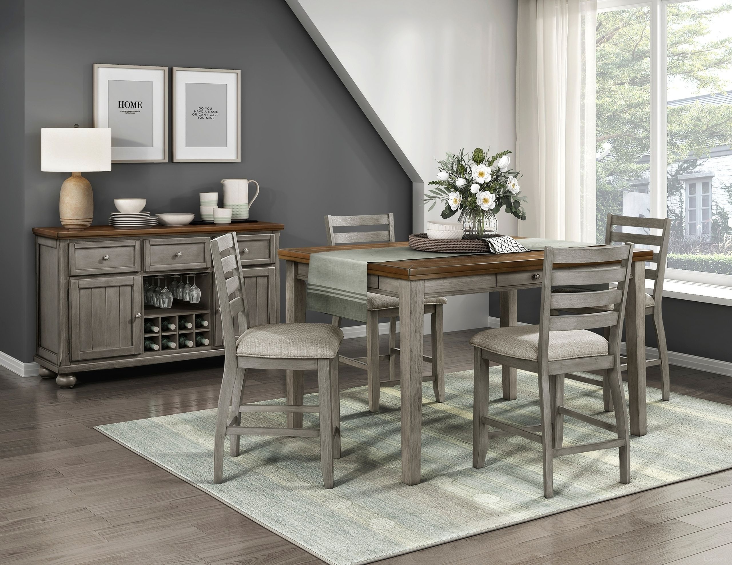 The appearance of Tigard Counter and Bar Height Dining Room Set In Brown and Gray designed by Homelegance in the transitional interior design. This brown and gray piece of furniture  was selected by 1StopBedrooms from Tigard Collection to add a touch of cosiness and style into your home. Sku: 5761GY-36;5761GY-24. Table Base Style: Legs. Table Top Shape: Rectangular. Material: Textured. Size: 40" x 60".