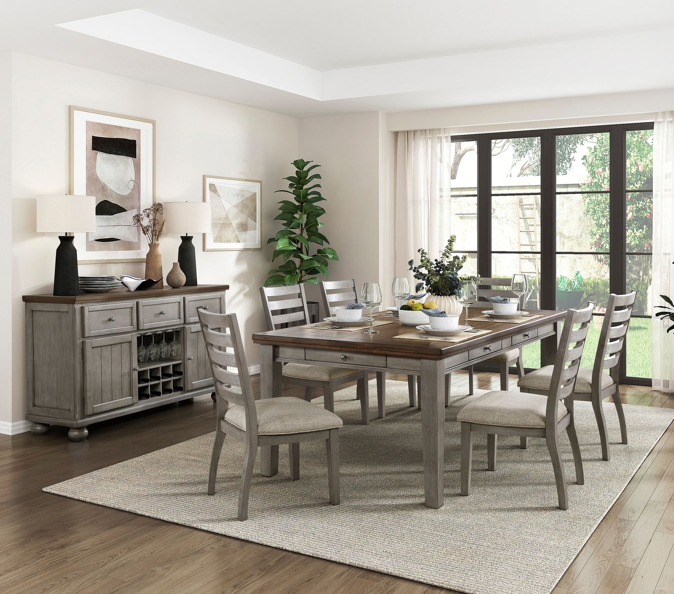 The appearance of Tigard Dining Room Set In Brown and Gray designed by Homelegance in the traditional interior design. This brown and gray piece of furniture was selected by 1StopBedrooms from Tigard Collection to add a touch of cosiness and style into your home. Sku: 5761GY-78;5761GYS. Table Base Style: Legs. Table Top Shape: Rectangular. Material: Textured. Size: 42" x 78".